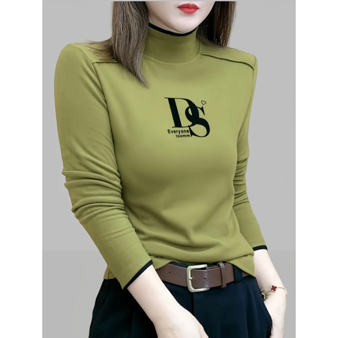 德绒保暖打底衫2025秋冬新款长袖半高领t恤时尚显瘦女士正肩上衣