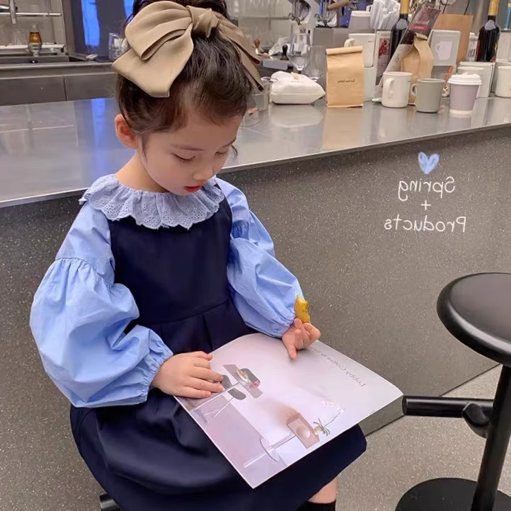 女童韩版宽松两件套连衣裙女宝宝学院风蓝色背心裙花边春秋套装裙