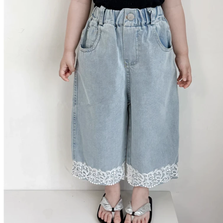 2024秋装韩国版女童宝宝百搭花边牛仔阔腿裤儿童直筒蕾丝长裤