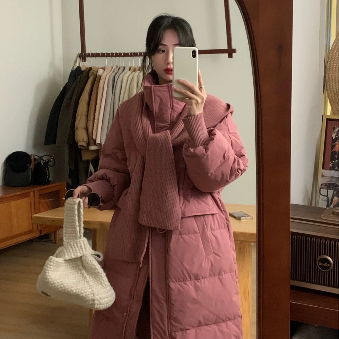 可拆卸针织披肩帽白鸭绒羽绒服女长款加厚时尚外套