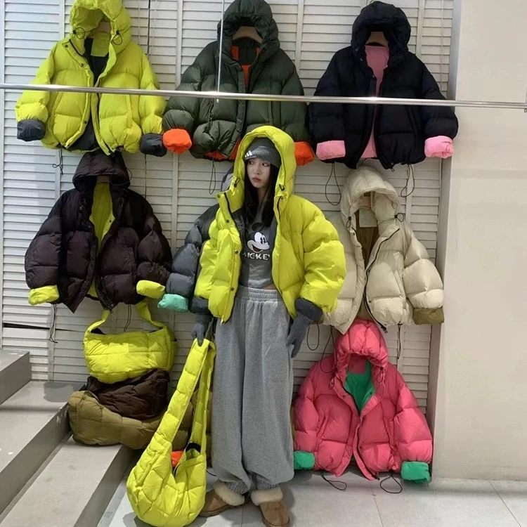 【漫初】韩版撞色气质连帽羽绒服女短款2025加厚糖果色白鸭绒外套