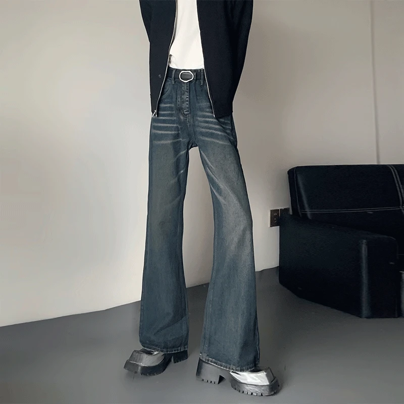 解构时髦做旧复古蓝脏脏色微喇叭牛仔裤男小众设计感猫须直筒裤子