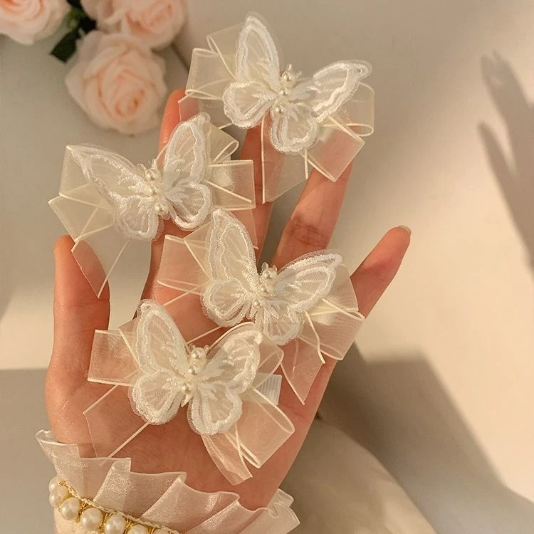 超仙白色网纱蝴蝶发夹女森系仙美蝴蝶结小号发卡侧边编发头饰法式