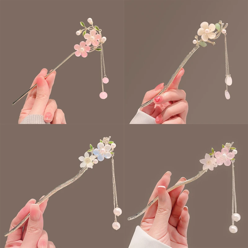 精致粉色桃花流苏古风发簪现代盘发步摇高级感簪子女旗袍汉服发钗