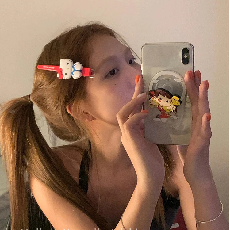 卡通可爱HelloKitty发夹少女心长款红色KT猫咪刘海夹无痕侧边夹