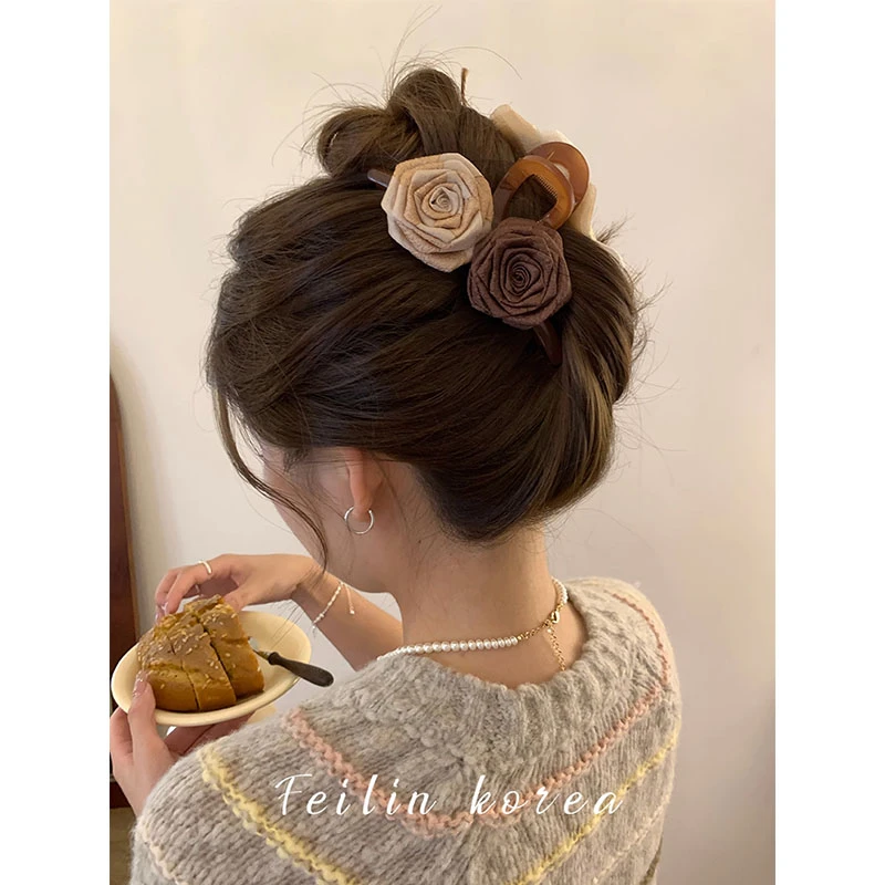 美拉德风干枯玫瑰花朵抓夹女后脑勺大发夹头饰鲨鱼夹2023新款秋冬