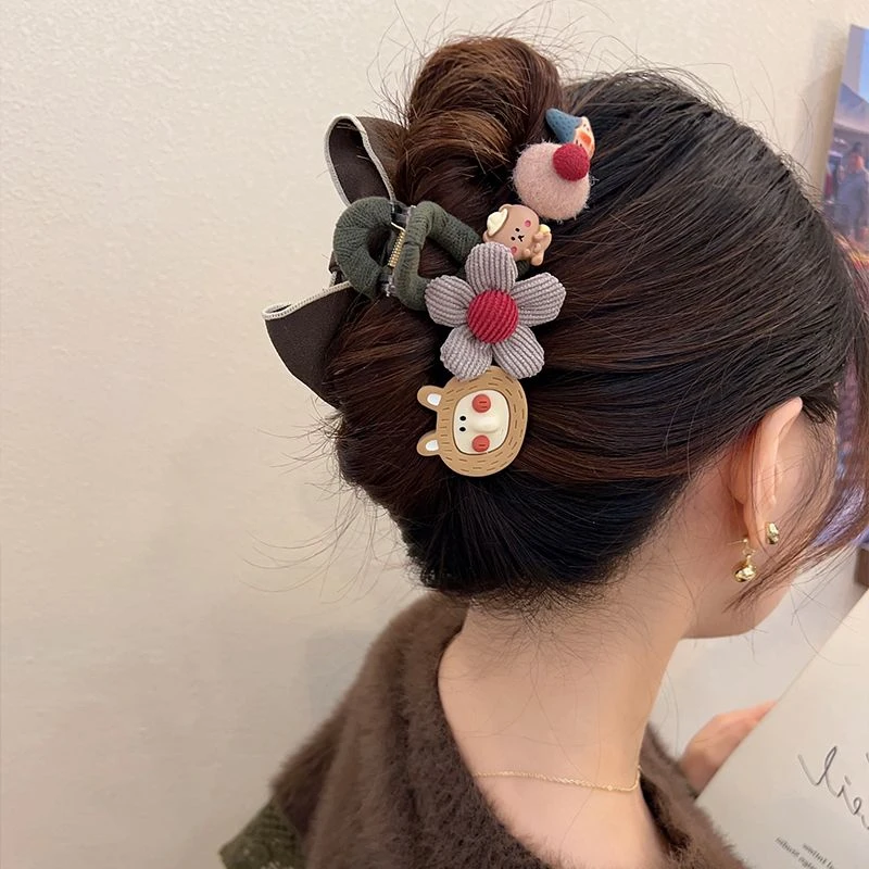 卡通玩偶花朵蝴蝶结抓夹大号可爱鲨鱼夹子发夹女后脑勺盘发抓头饰