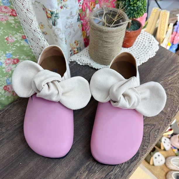 森日系拼色蝴蝶结勃肯鞋包头手工鞋软底韩系博肯单鞋超舒适百搭