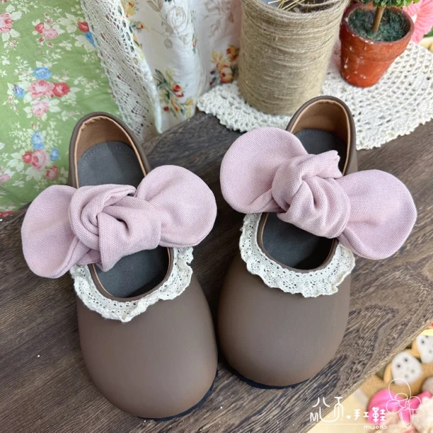 2025春夏季新款圆头玛丽珍女鞋蝴蝶结手工鞋真皮拼色森系蕾丝花边
