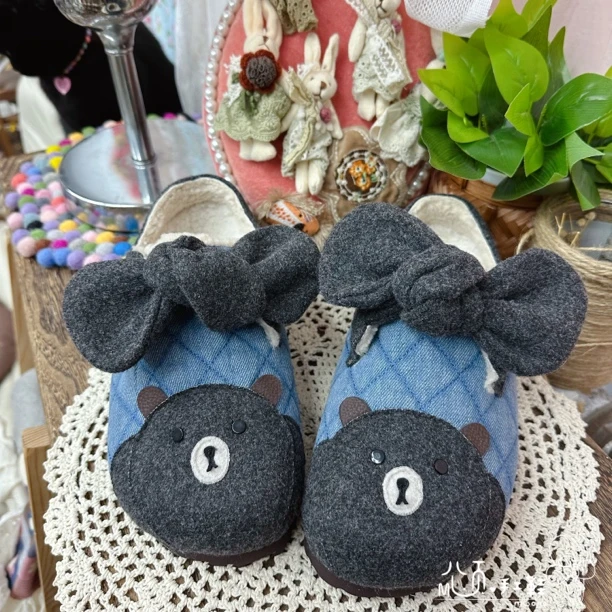 小熊勃肯鞋蝴蝶结手工鞋拼接牛仔菱形格可爱卡通博肯棉鞋森系休闲