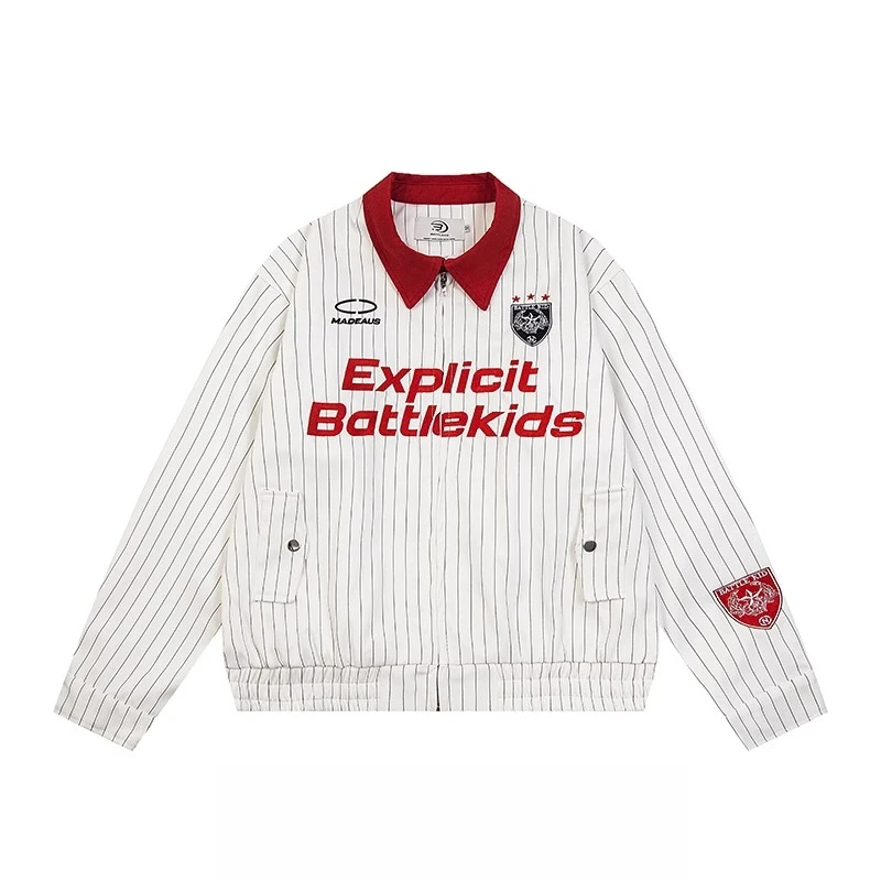 BKEG美式复古外套男女春秋宽松休闲白色条纹棒球服情侣装翻领夹克