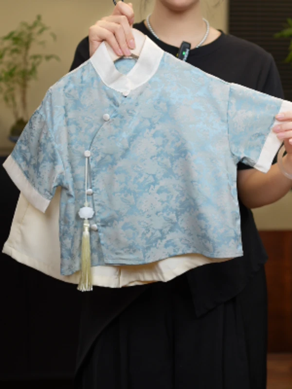 <现货>ZBAO原创设计2024儿童新款中山装宽松短袖套装21033