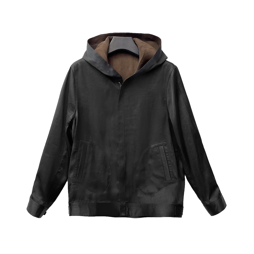 B24916-男士新款桑蚕丝香云纱重缎皮料休闲戴帽外套