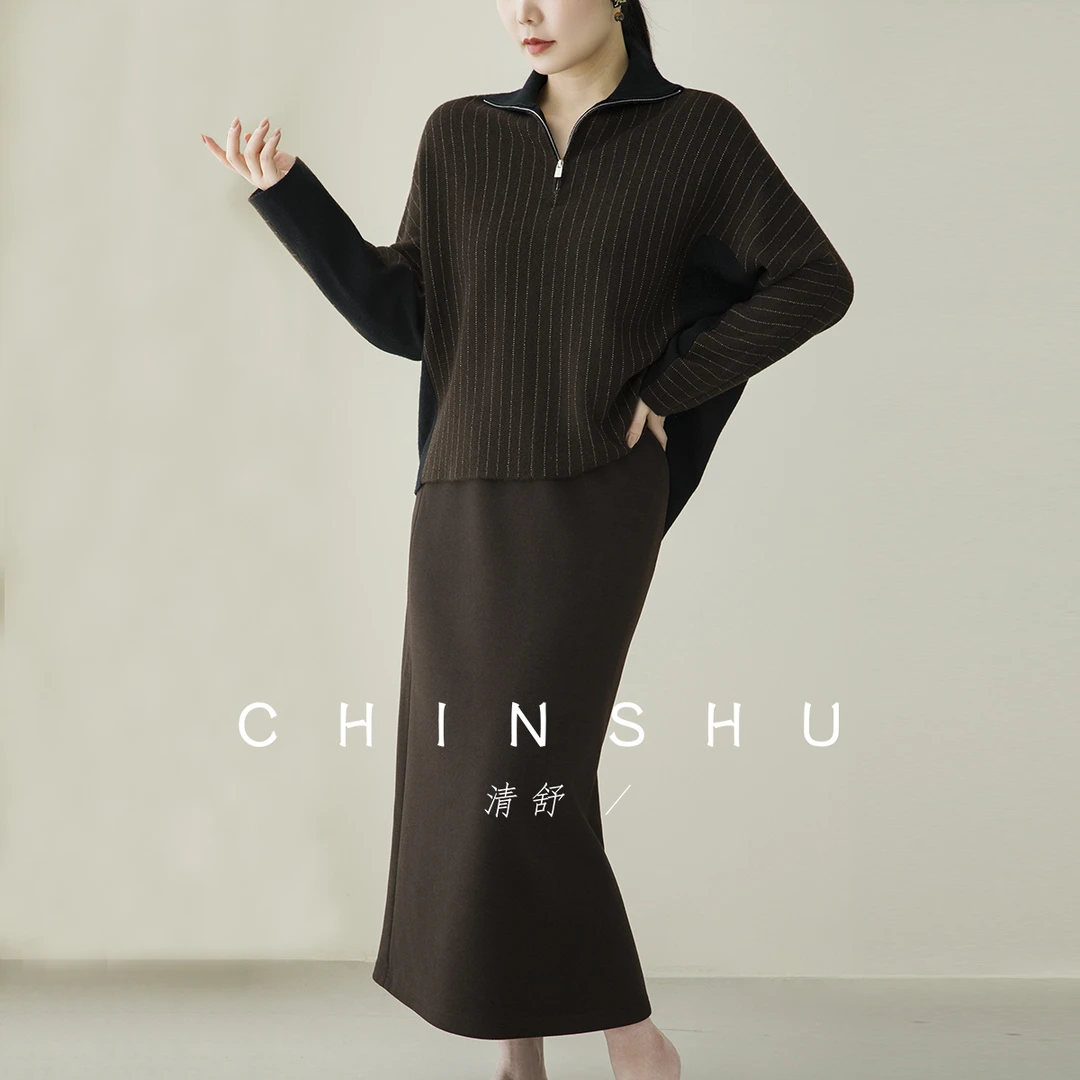 清舒【婉青丝】短款拉链立领套头衫重磅进口金丝条纹羊芼衫11075#