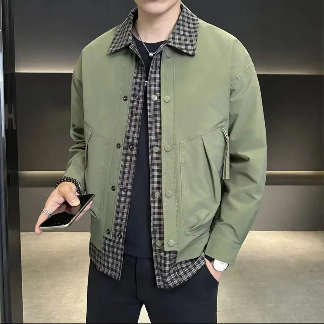 #8503男士翻领拼接夹克春秋季潮假两件格子夹克潮流时尚新款外套