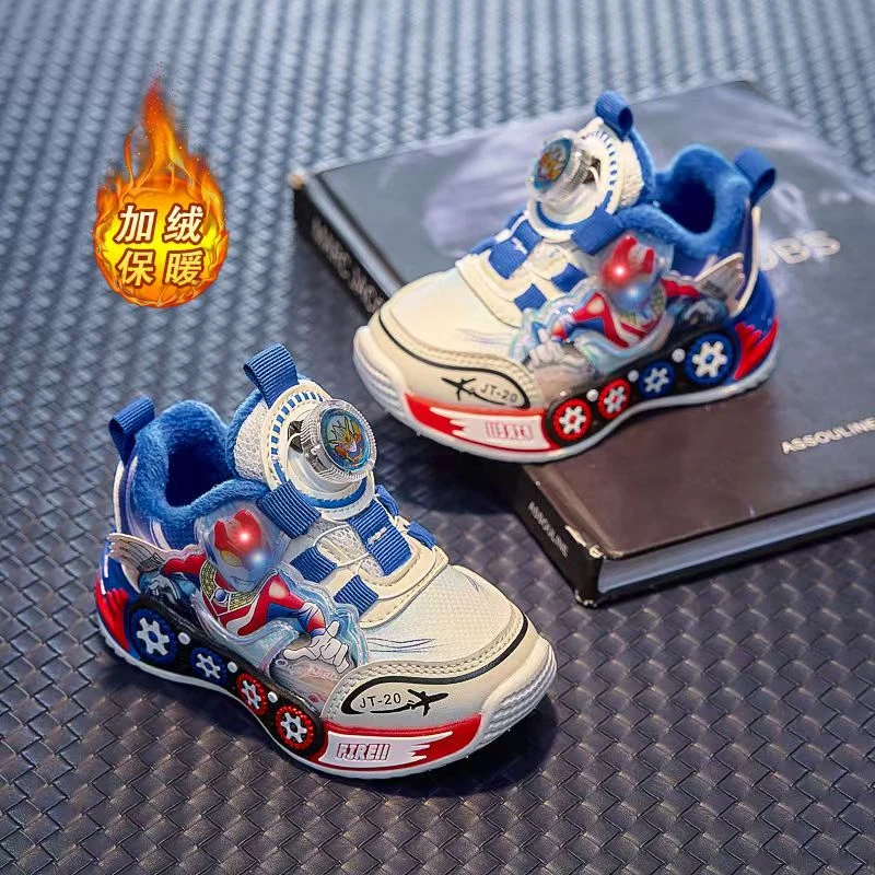 儿童运动鞋亮灯冬季新款男童二棉加绒保暖鞋小童软底旋转扣跑步鞋
