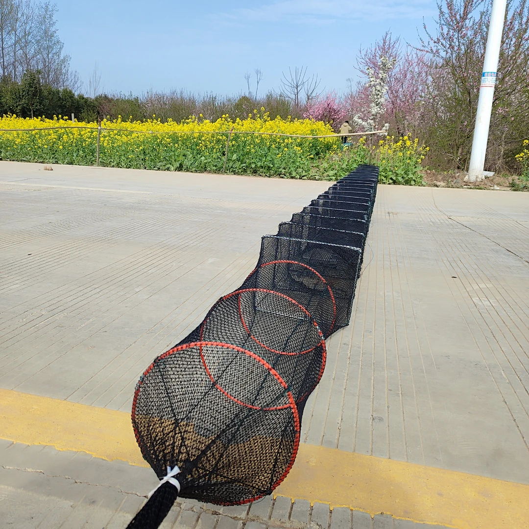 户外渔护地笼捕鱼5米长框架25X30网眼1.5全有结6股线黑色渔网