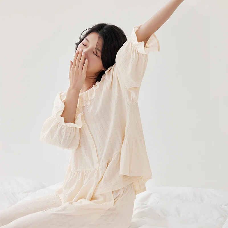 安之伴春睡衣女士棉蕾丝花边家居服套装82311722386