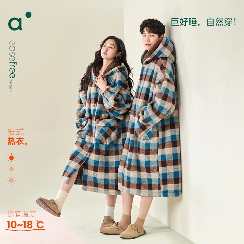 安之伴保暖雪花绒情侣睡袍连帽格子冬季家居服中长款82446321511