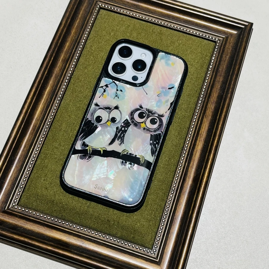 ssself可爱双子猫头鹰精美手机壳适用苹果16pro全包时尚贝母防摔