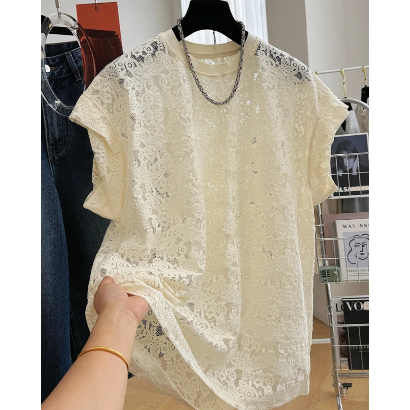 高级感独特短袖蕾丝衫女夏季宽松镂空T恤打底衫气质法式时尚上衣