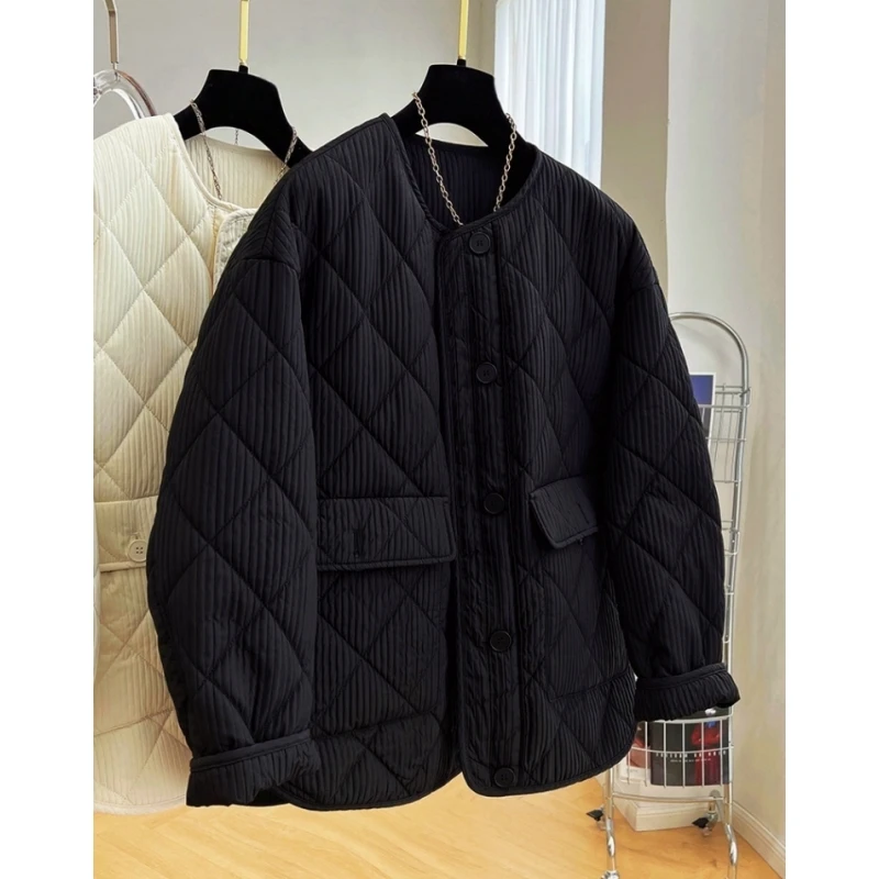 加棉加厚高级感绗缝菱形圆领棉服女秋冬宽松夹棉外套棉衣2024新款