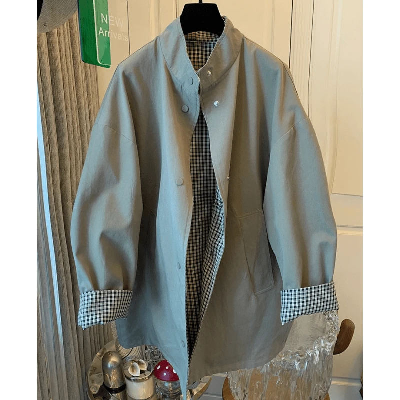 高级感英伦格子两面穿风衣外套女中长款宽松休闲上衣女2024秋新款