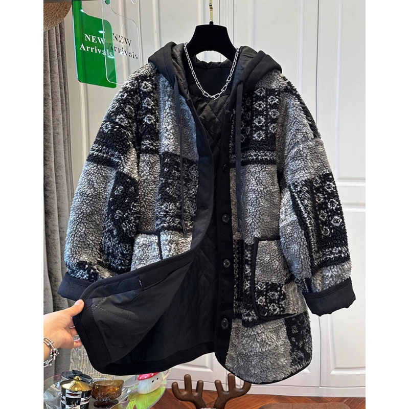 欧洲站毛茸茸夹棉连帽外套女大衣颗粒绒保暖中长款宽松2024冬新款
