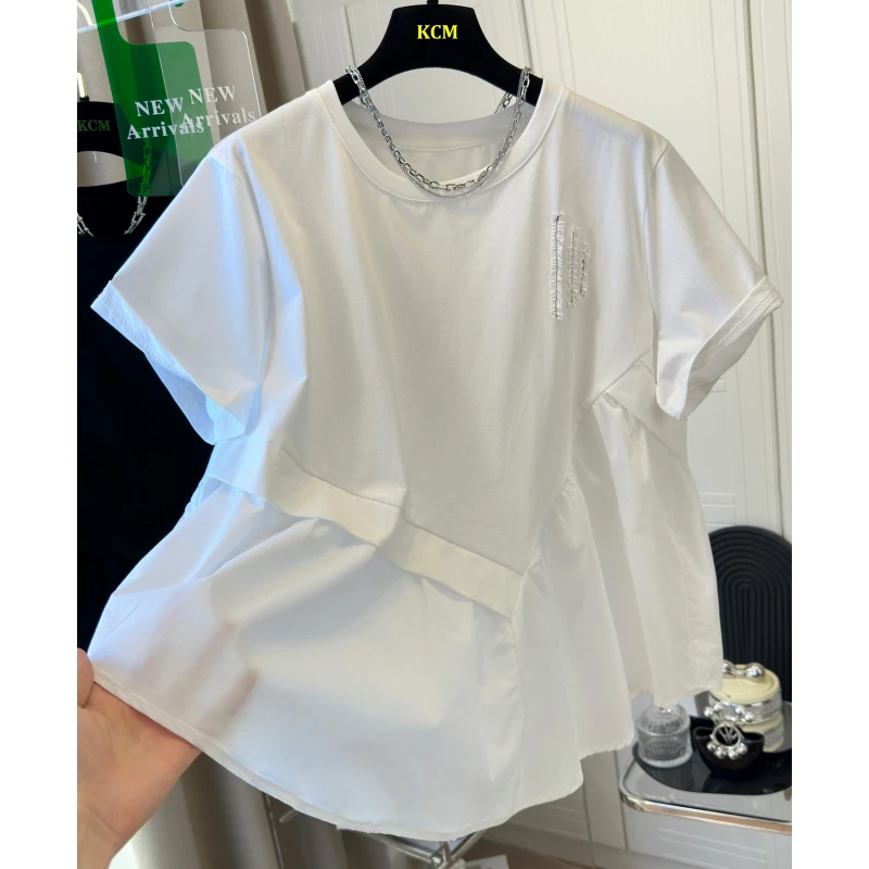 2024夏季新款设计感独特别致拼接T恤女宽松时尚不规则短袖上衣潮