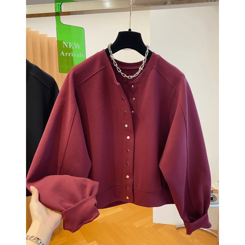 高级感短款安可拉红外套女春秋2024新款宽松薄款红色卫衣开衫上衣