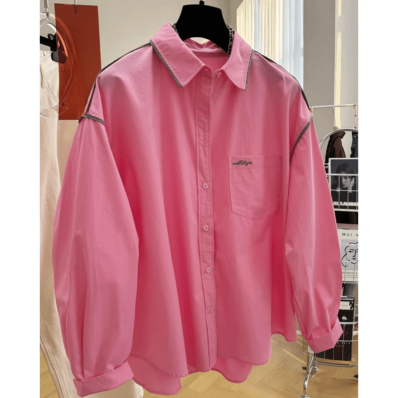 2024新款设计感包边撞色休闲宽松长袖衬衫女春秋法式别致漂亮上衣