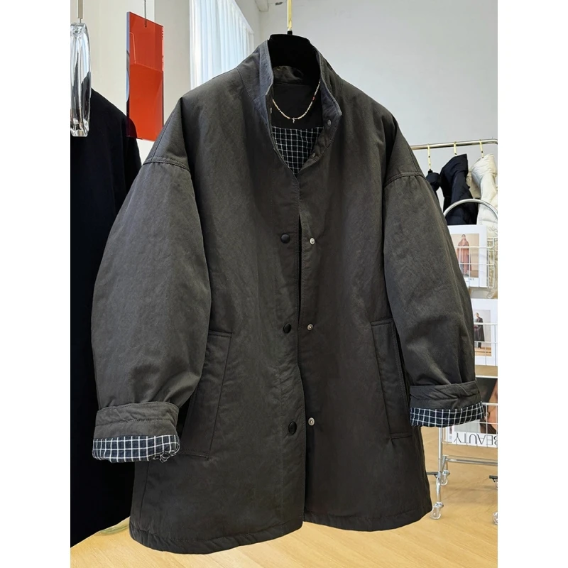 高级感韩系休闲慵懒风松弛感立领中长款夹棉外套女秋冬宽松棉服