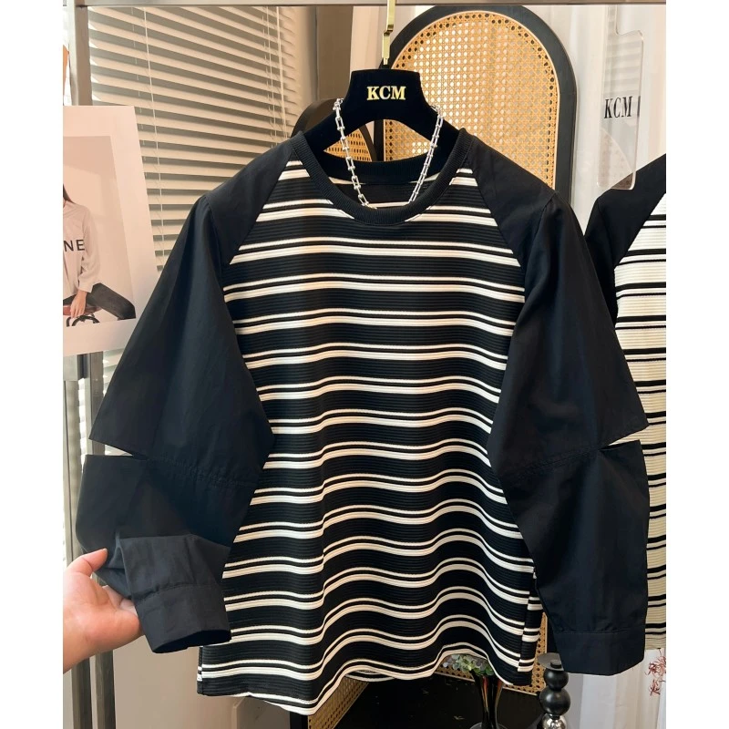 设计感小众宽松复古插肩袖条纹长袖t恤女韩版秋季款减龄百搭上衣