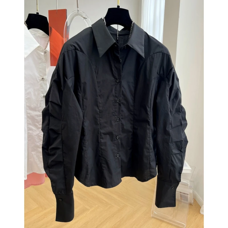 2024秋装新款欧货高级设计感独特褶皱长袖衬衫女棉布法式休闲上衣