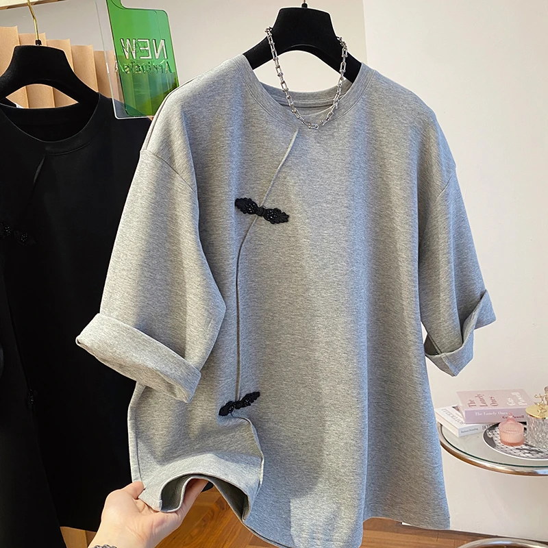 2024夏季新款高级感新中式盘扣t恤女短袖灰色宽松圆领打底衫上衣