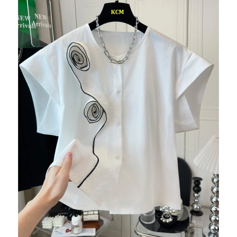 轻奢别致设计感小众立体玫瑰花白色衬衫女短袖宽松休闲落肩袖上衣