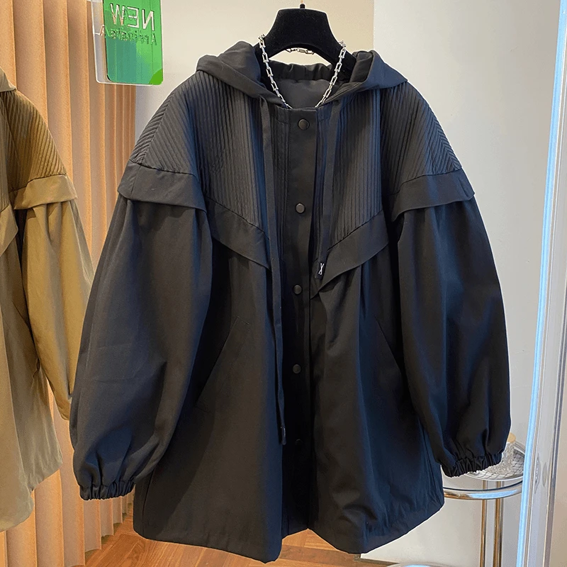 2024秋季新款设计感小众宽松休闲褶皱拼接连帽衬衫风衣外套女上衣