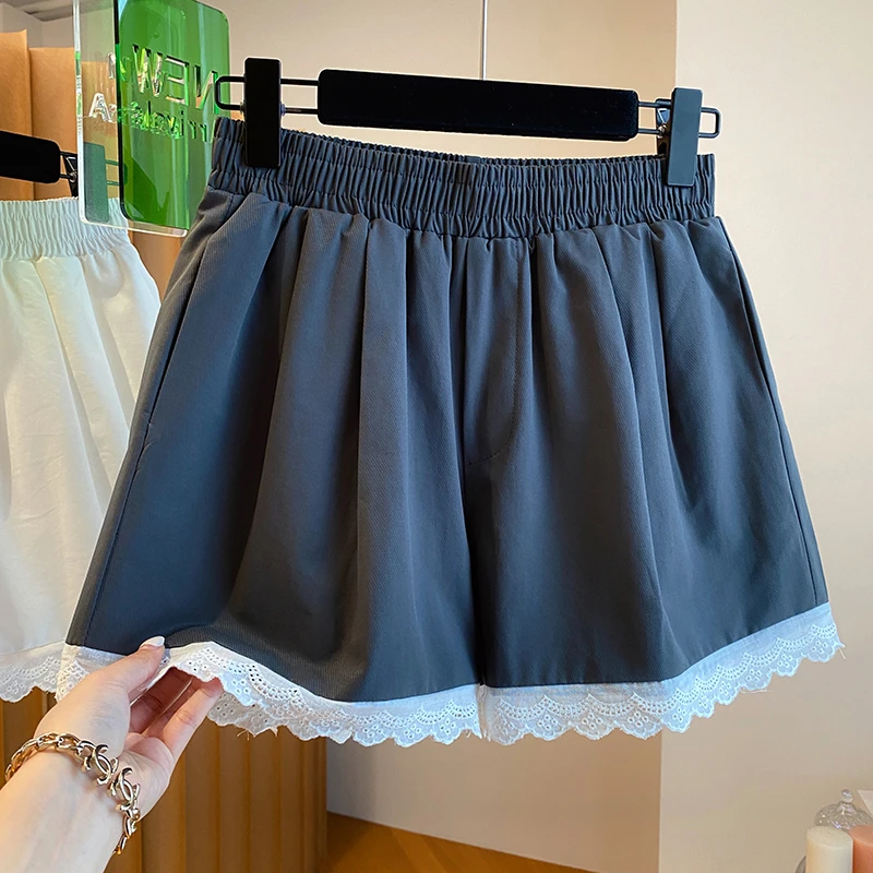 2024新款韩版宽松休闲蕾丝花边高腰阔腿短裤女夏季a字版热裤子潮