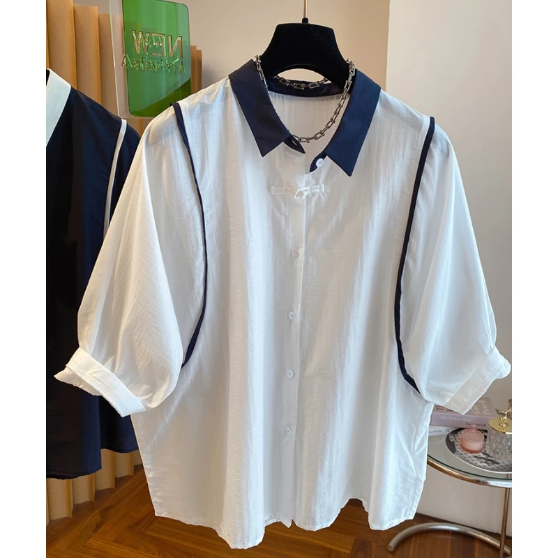 2024新款小众设计感翻领衬衫女短袖韩版宽松休闲白色泡泡袖上衣夏