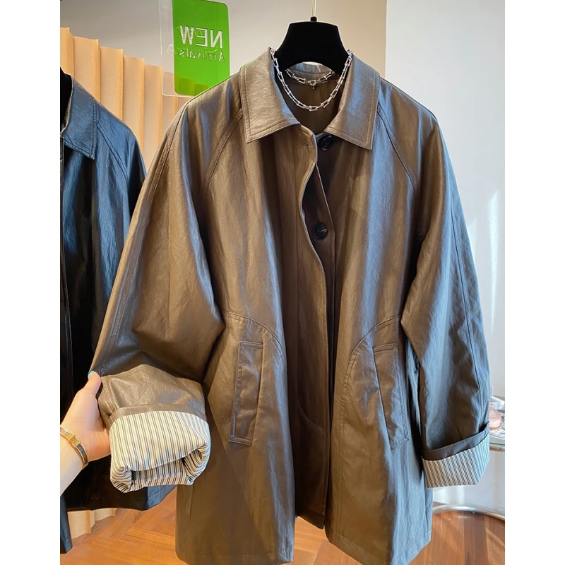 美拉德咖色中长款皮衣外套女春秋2024新款欧货高级感宽松弛感风衣