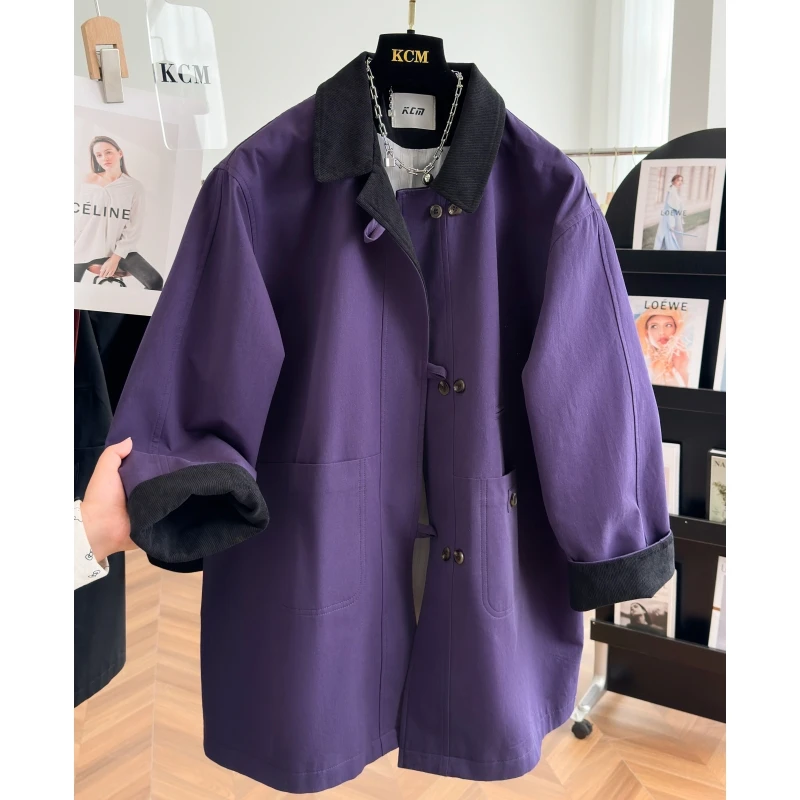 2024早秋新款英伦风撞色翻领中长款风衣女宽松休闲气质超好看外套