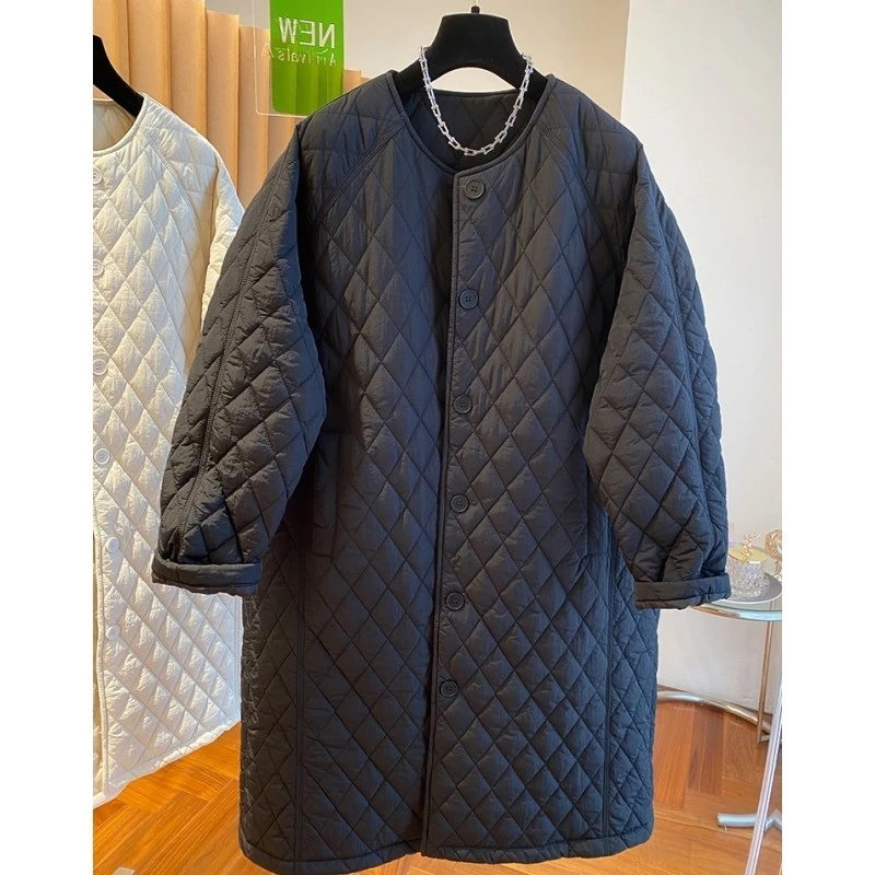 2024新款宽松休闲慵懒风无领菱格棉衣外套高级感过膝长款棉服女冬