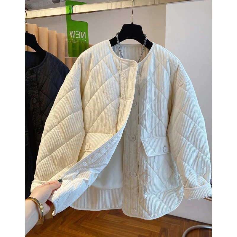 2024年新款宽松休闲无领菱形格棉服女冬季极简设计感圆领棉衣外套