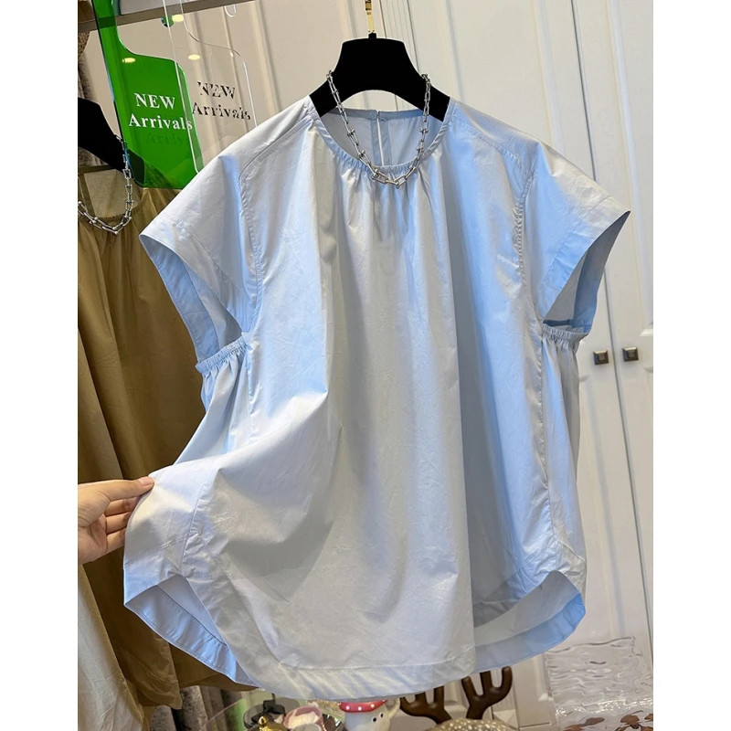 不规则褶皱设计短袖轻薄棉布女上衣小衫经典简约纯色2024夏季新