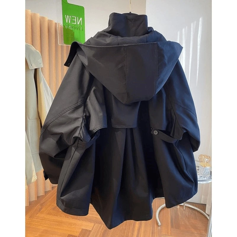 高级感洋气英伦风斗篷式风衣女宽松休闲连帽时尚外套2024秋季新款