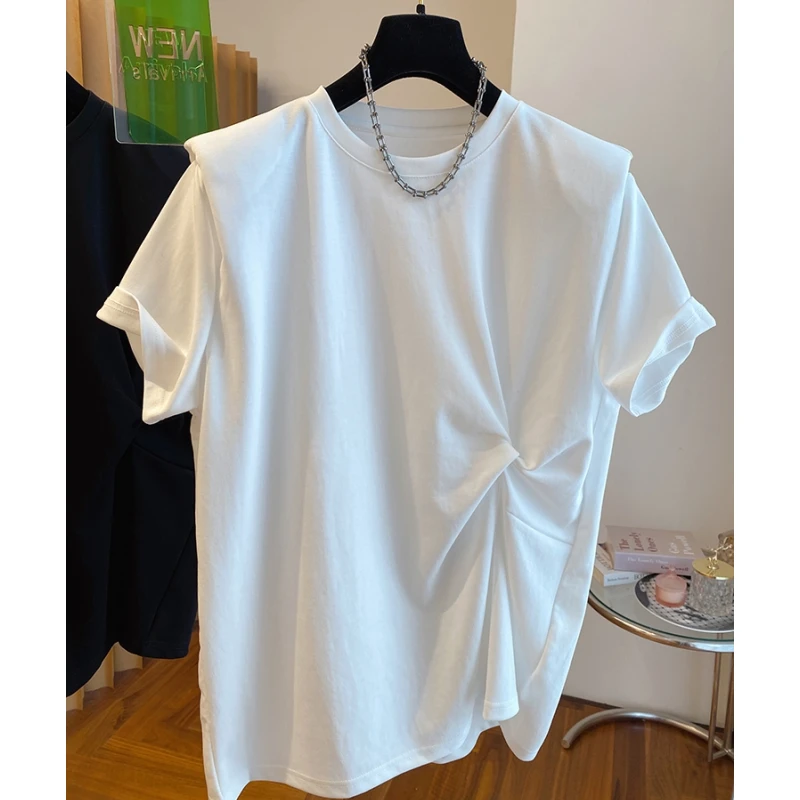 2024新款宽松扭结设计感t恤女短袖欧货大版棉布垫肩打底衫上衣夏