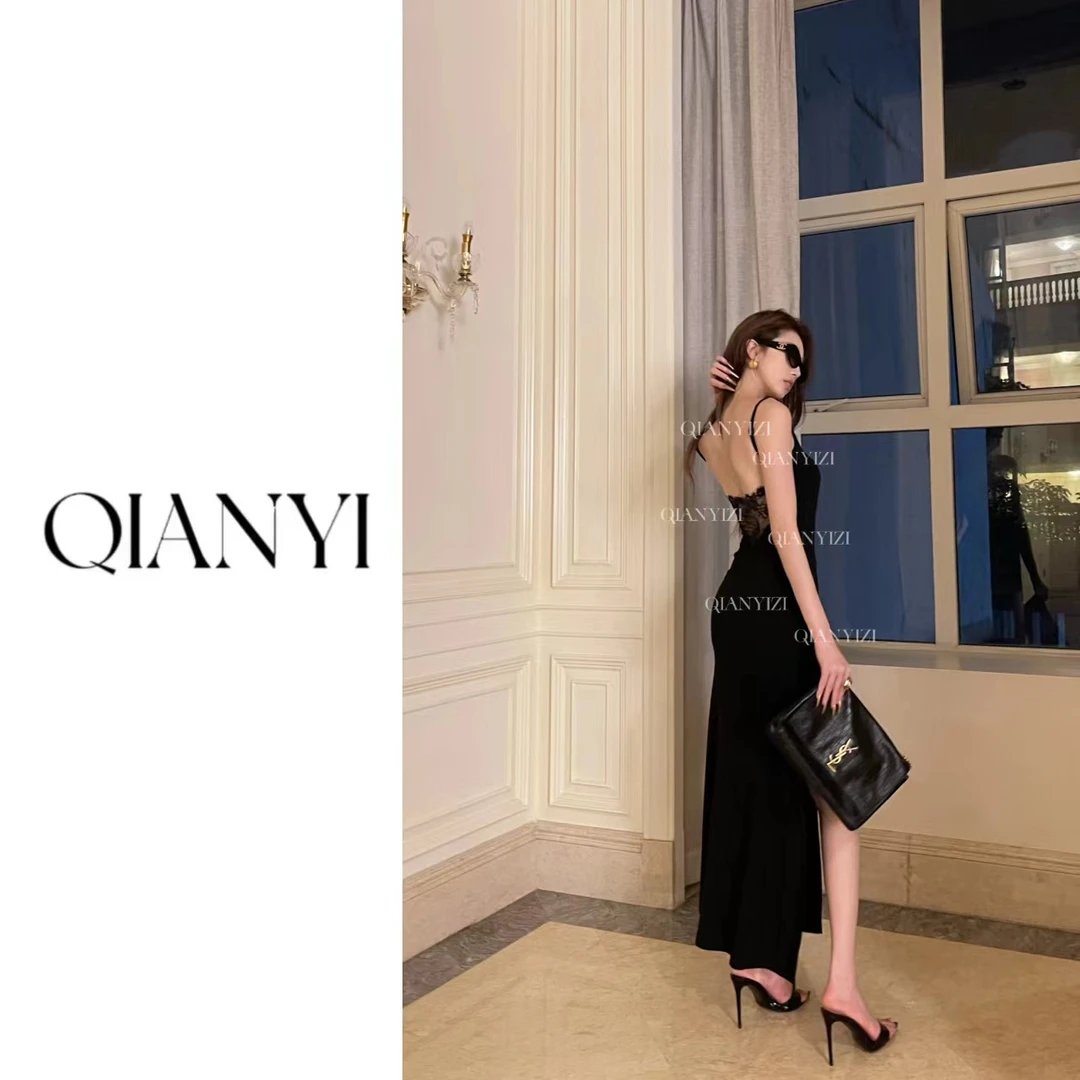 千亿蕾丝拼接露背开衩连衣裙