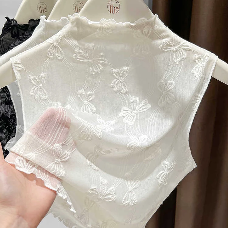 半高领网纱叠穿打底衫女春秋季木耳边无袖背心内搭薄款蕾丝假领子