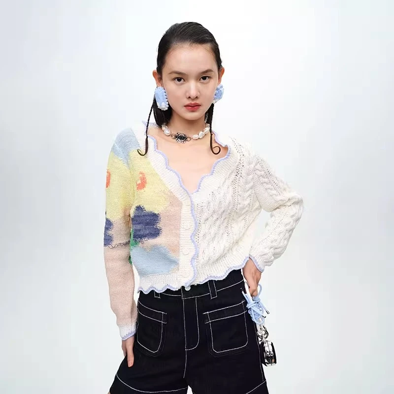 官方正品XIAOLI筱李设计师官方店手绘花朵针织拼接开衫