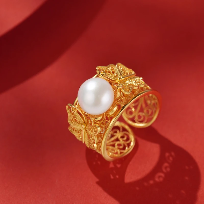 乐麒 925银戒指 〈蝶舞戒〉银鎏金手工花丝蝴蝶戒指开口气质古法